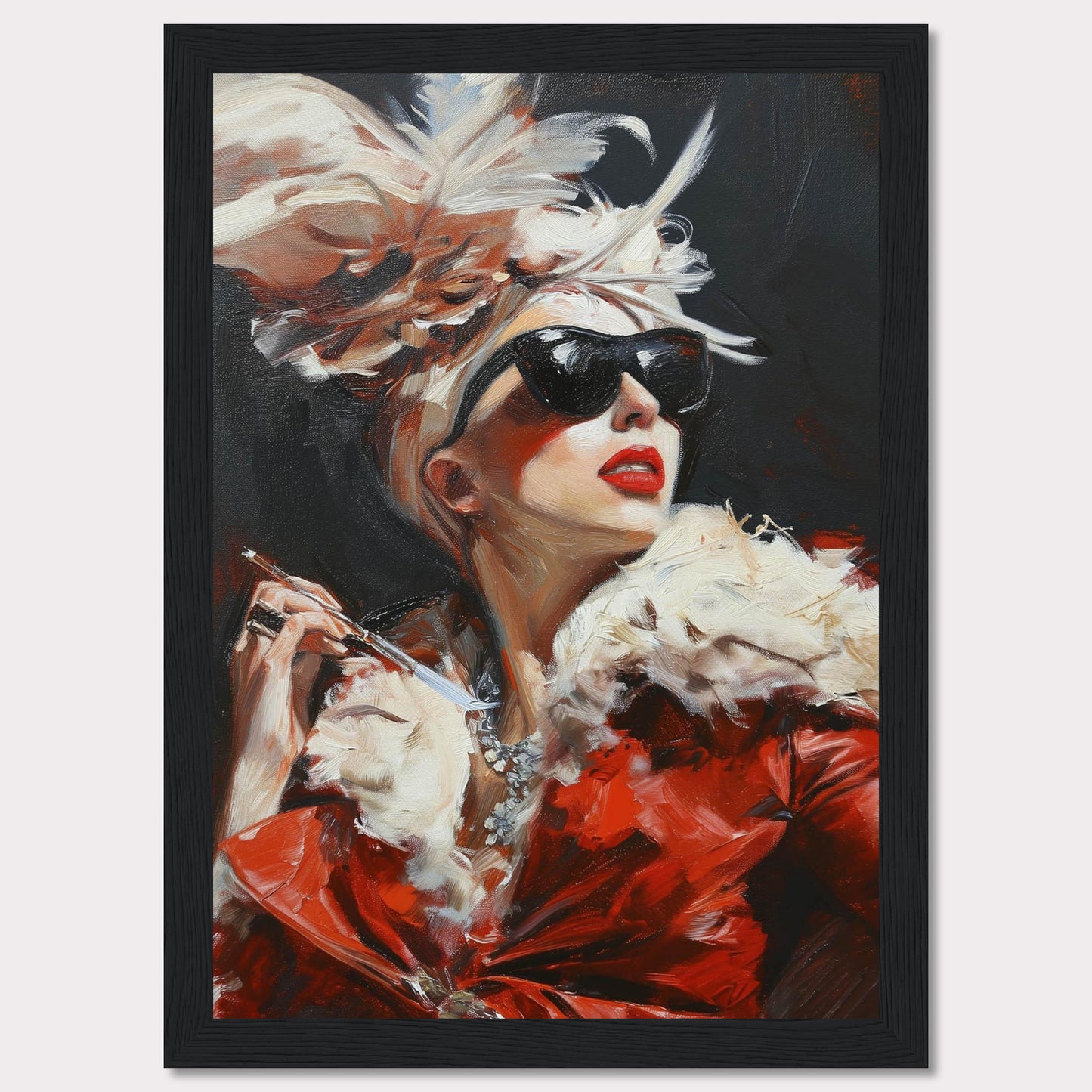 This striking painting captures a glamorous woman exuding confidence and elegance. Adorned in a luxurious red fur coat, she wears dark sunglasses and a dramatic feathered hat, holding a cigarette holder with poise. The bold brushstrokes and vibrant colors add to the dynamic and sophisticated feel of the artwork.