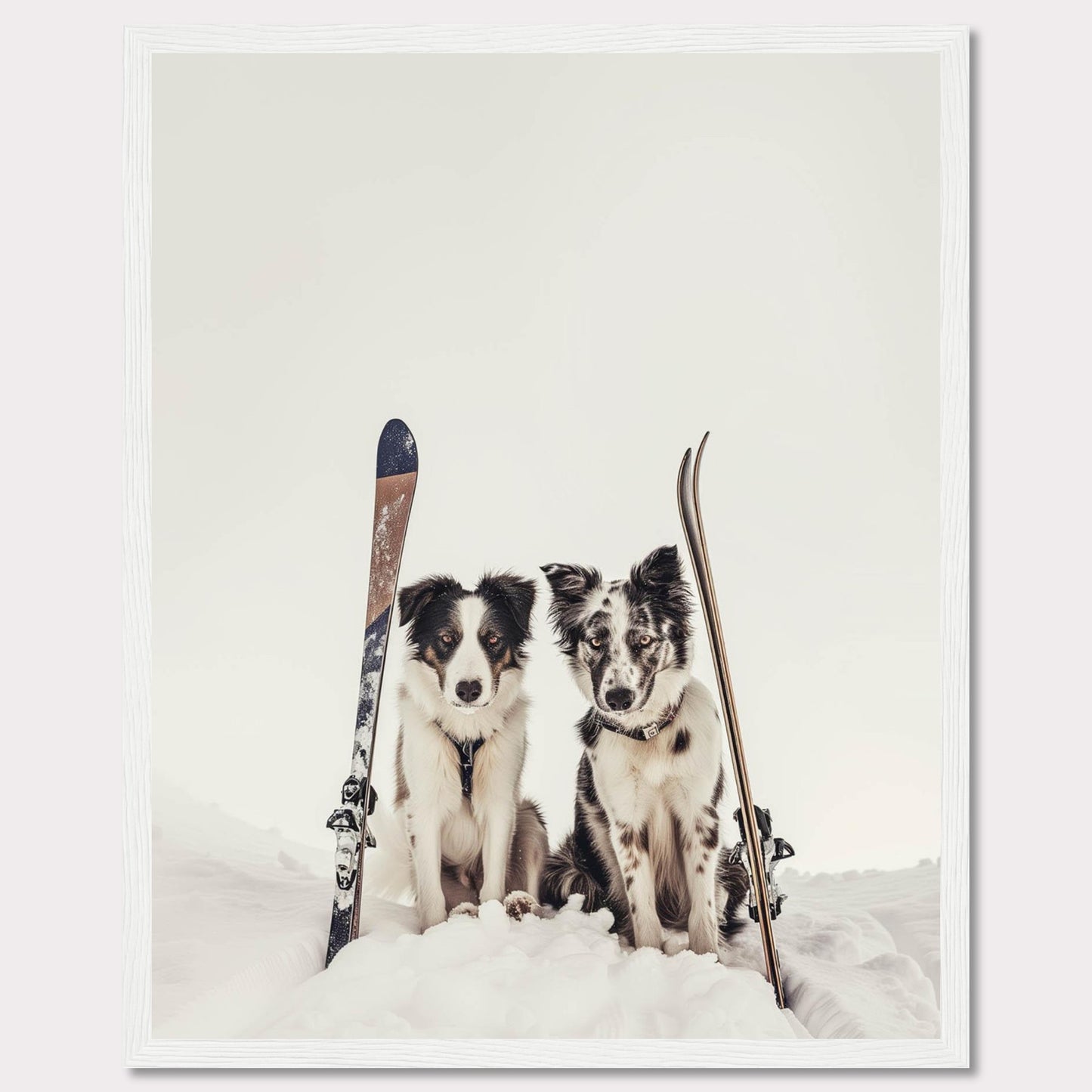 This charming photo captures two adorable dogs sitting in the snow with skis beside them, evoking a sense of adventure and playfulness. The scene is set against a serene snowy backdrop, highlighting the dogs and their playful expressions.