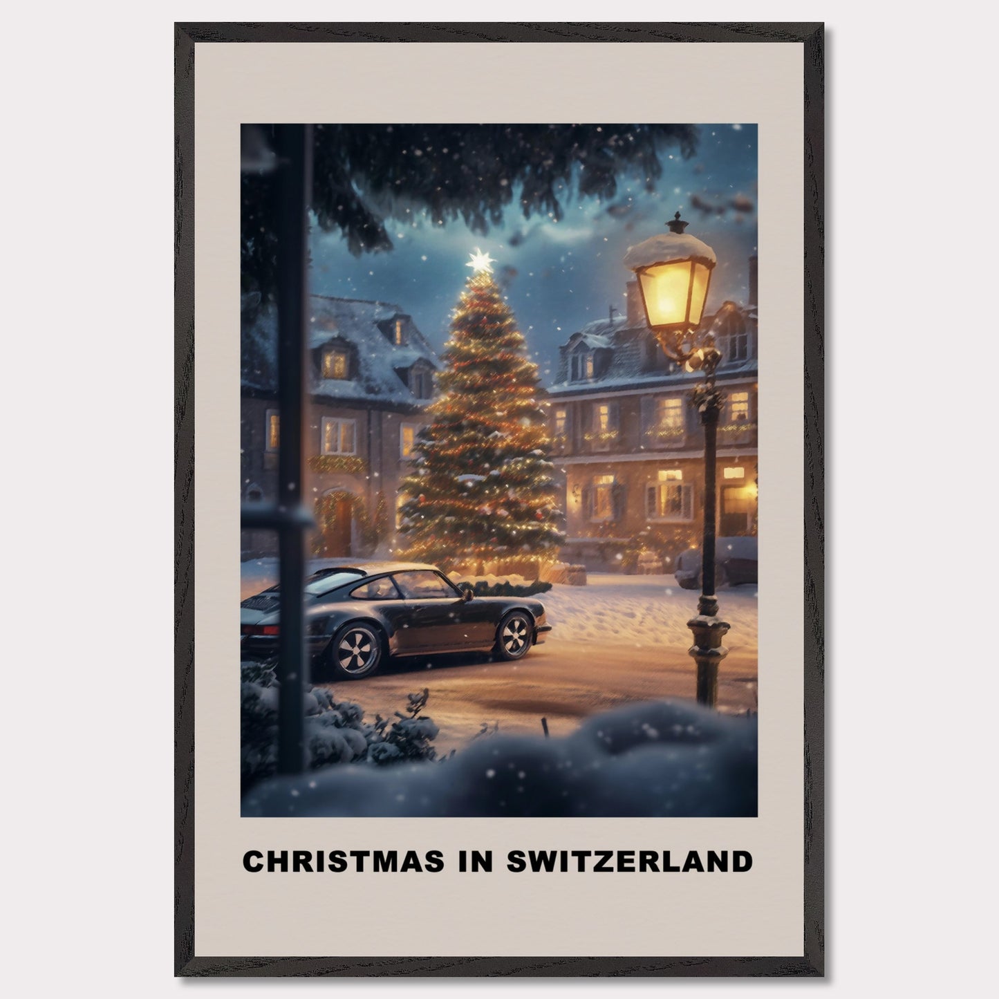 This heartwarming poster depicts a magical Swiss town square adorned with a glowing Christmas tree under a snowy evening sky. A classic vintage car adds a nostalgic charm, parked amidst festive lights and cozy, snow-covered houses. The scene invites you to experience the serene joy of a Swiss Christmas.