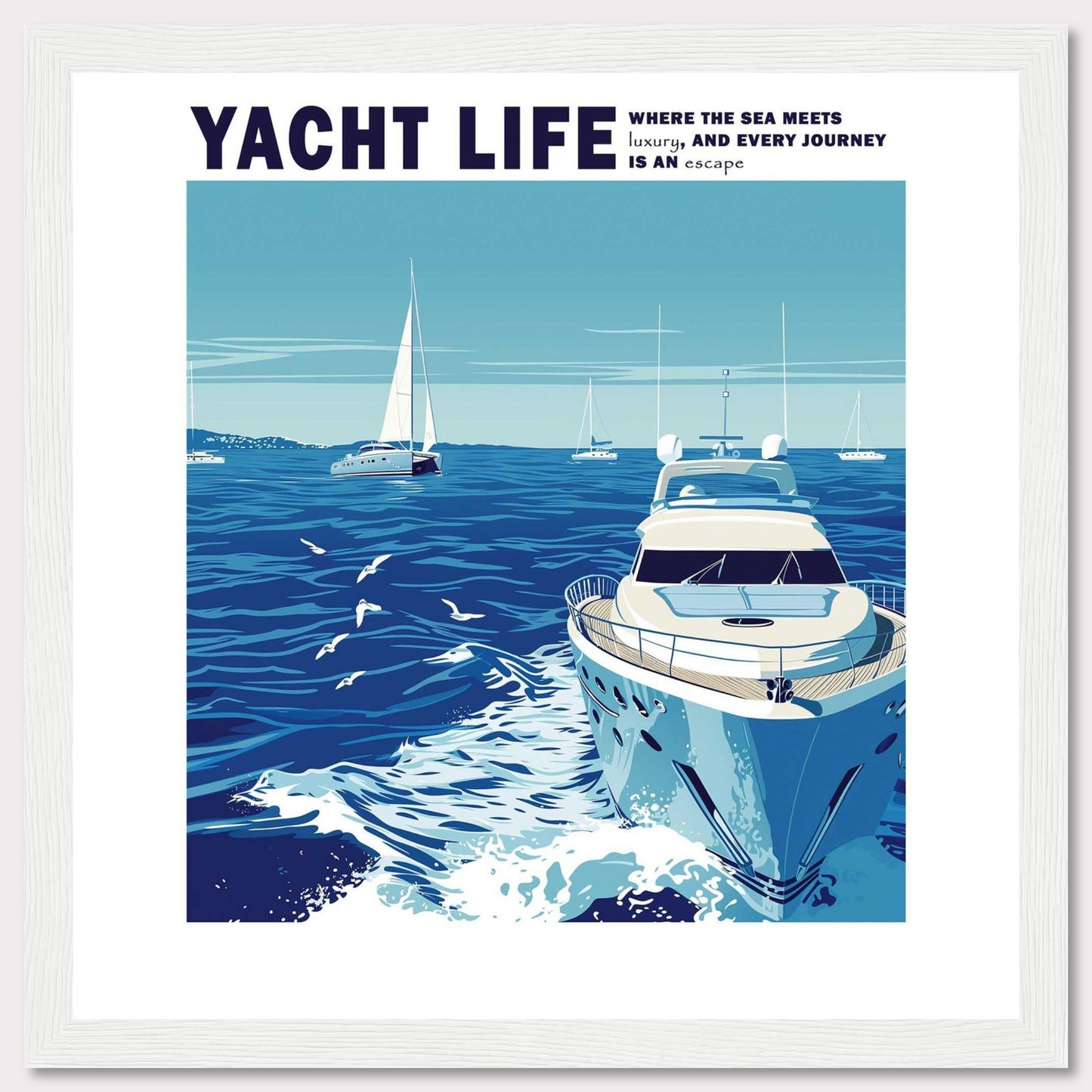 This captivating artwork depicts a serene ocean scene with luxurious yachts sailing under a clear blue sky. The image conveys a sense of tranquility and adventure, inviting viewers to imagine themselves embarking on a luxurious journey at sea.