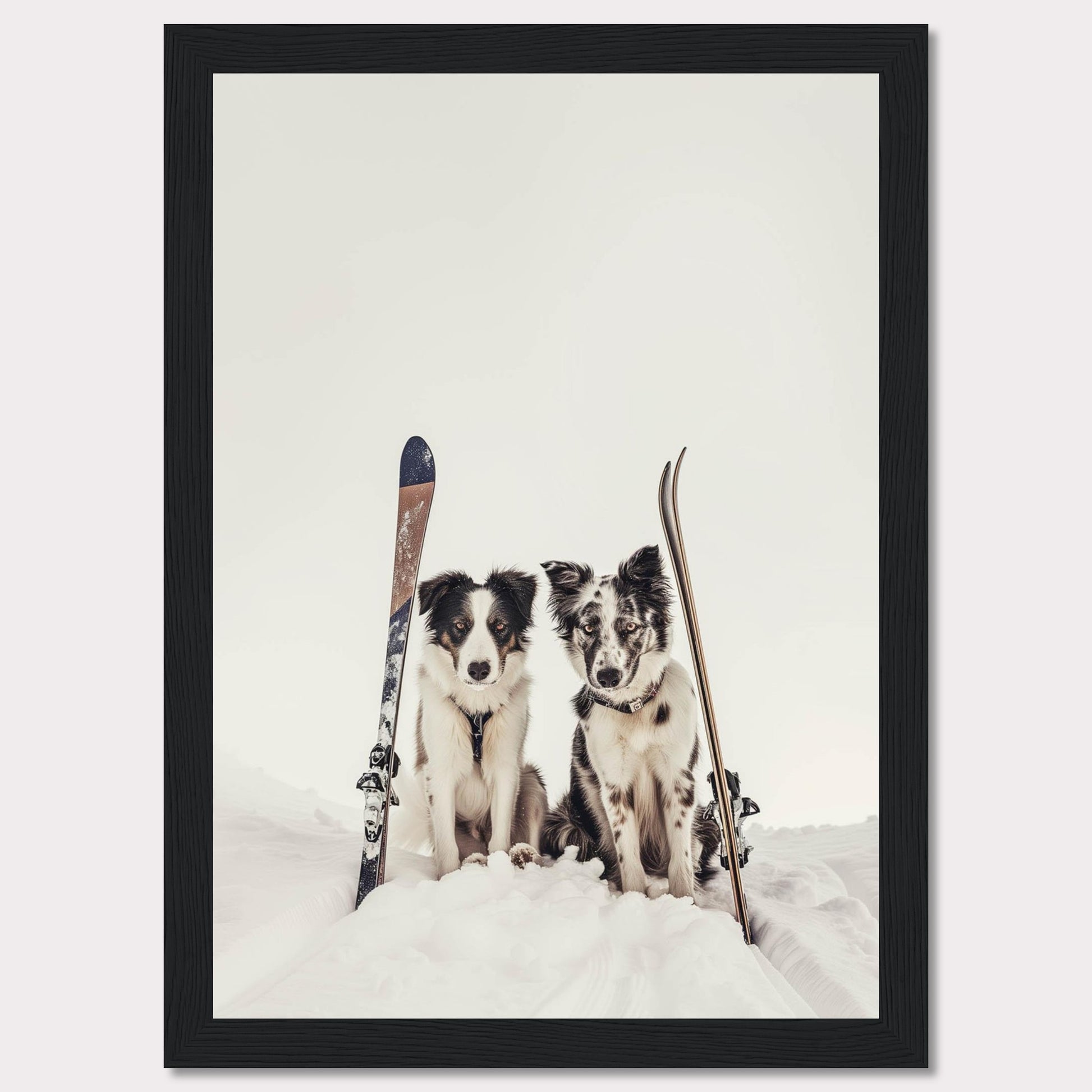 This charming photo captures two adorable dogs sitting in the snow with skis beside them, evoking a sense of adventure and playfulness. The scene is set against a serene snowy backdrop, highlighting the dogs and their playful expressions.