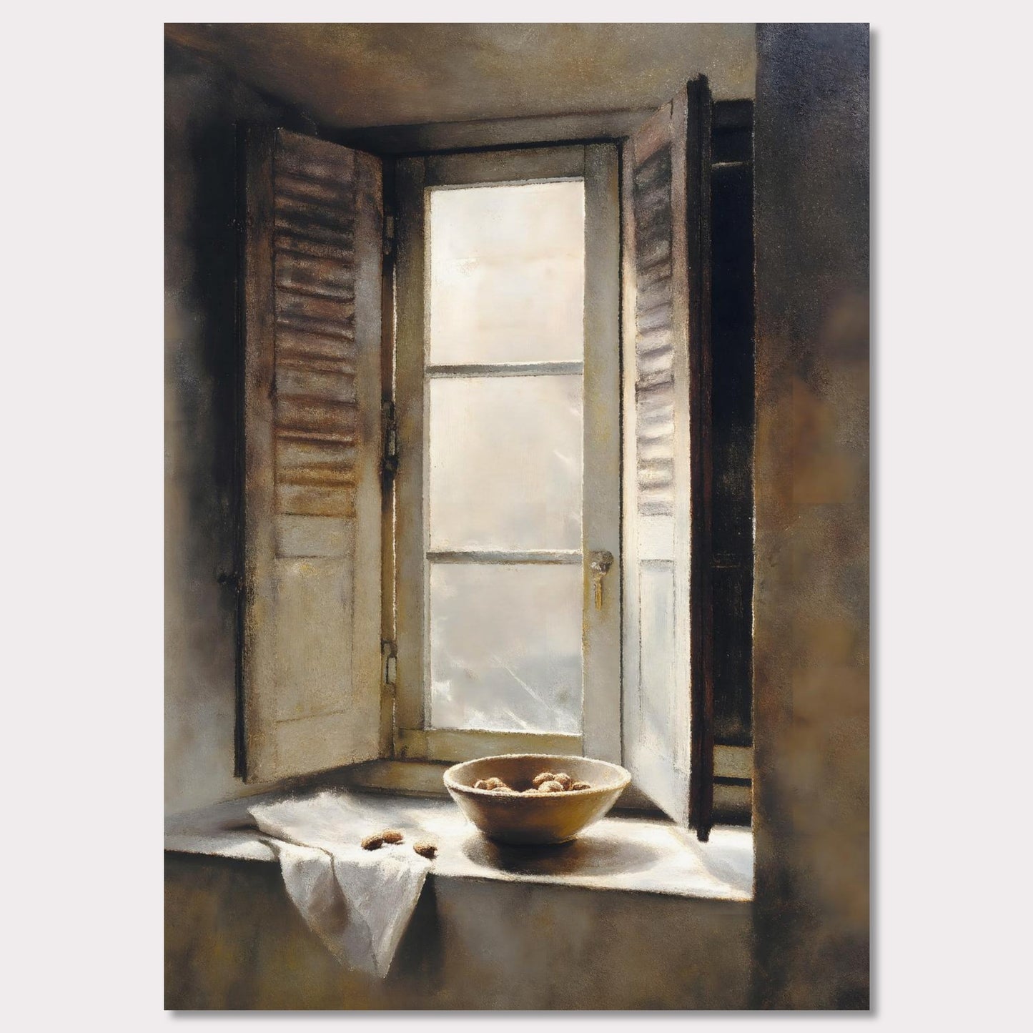 Golden light streams through an old shuttered window, catching the edge of a ceramic bowl filled with walnuts. A linen cloth rests gently nearby, suggesting quiet hands and slow mornings. This image is domestic poetry — a tribute to texture, stillness, and time.