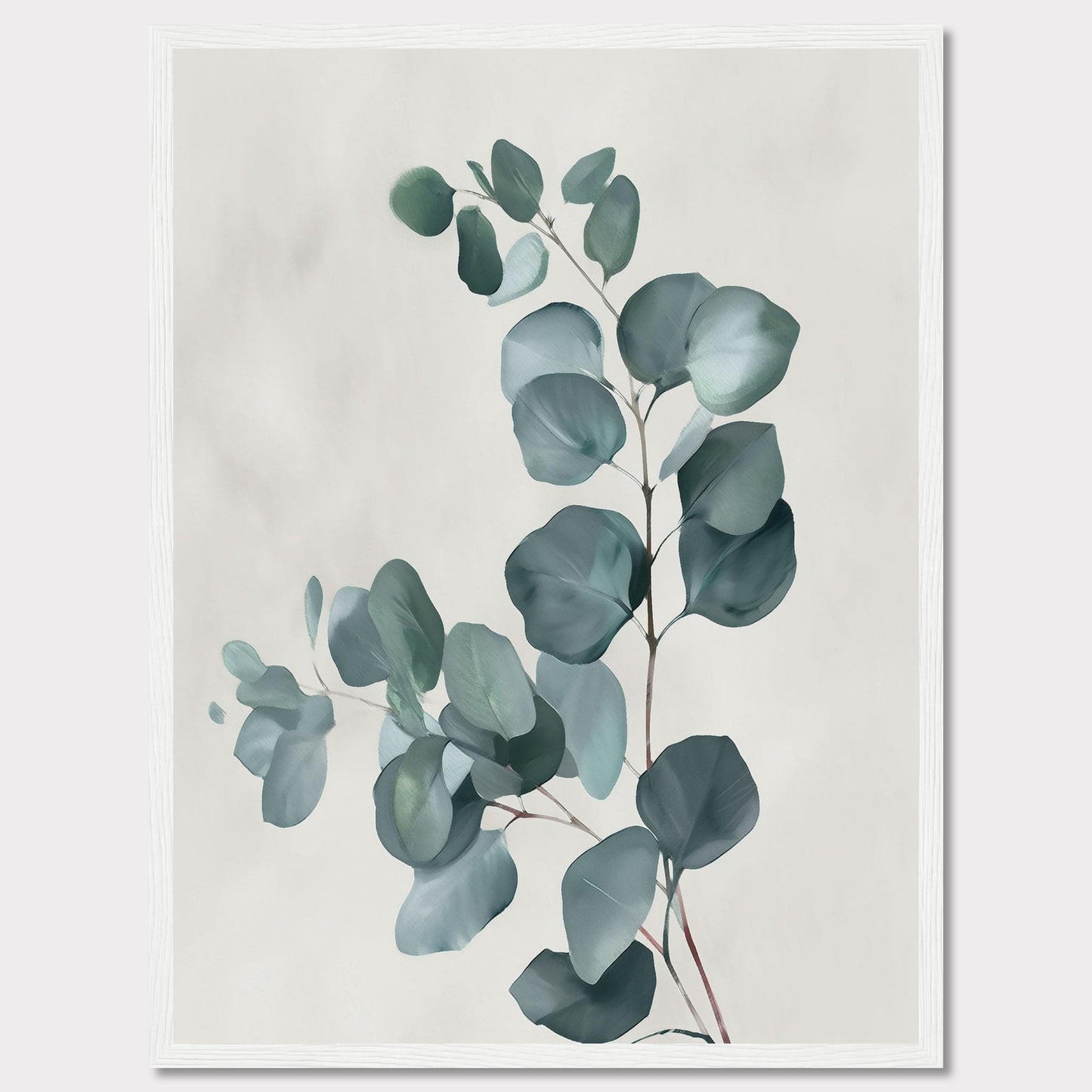 This image showcases a minimalist botanical artwork featuring eucalyptus leaves. The leaves are painted in soft, muted green tones against a light background, creating a serene and calming effect.