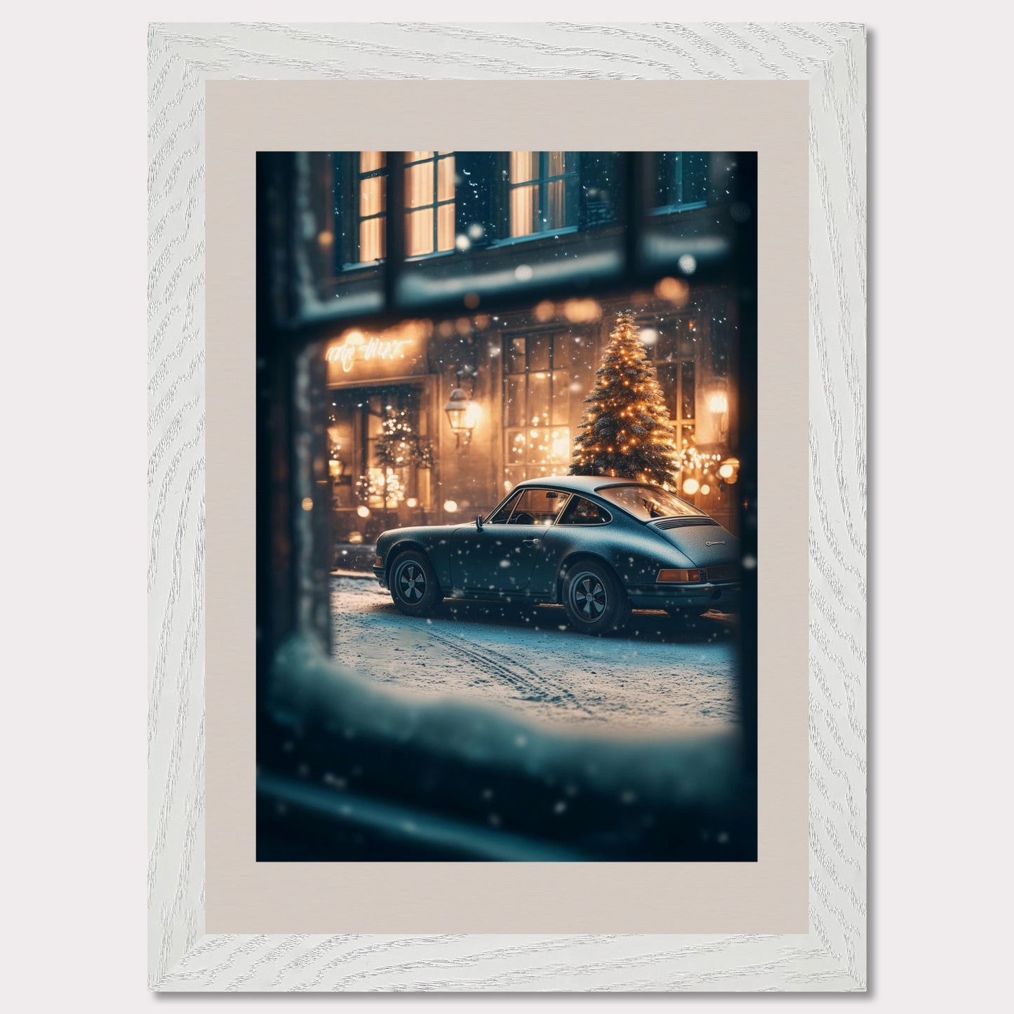 This cozy holiday poster captures a snowy Christmas evening, viewed through a frosty window. The glowing lights of a festive tree and a classic vintage car set the stage for a warm, nostalgic celebration. The snowflakes gently falling add magic to the enchanting alpine village atmosphere.