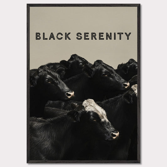 This image showcases a serene group of black cows, with one cow featuring a distinctive white marking on its head. The title "BLACK SERENITY" is prominently displayed at the top, emphasizing the calm and peaceful nature of the scene.