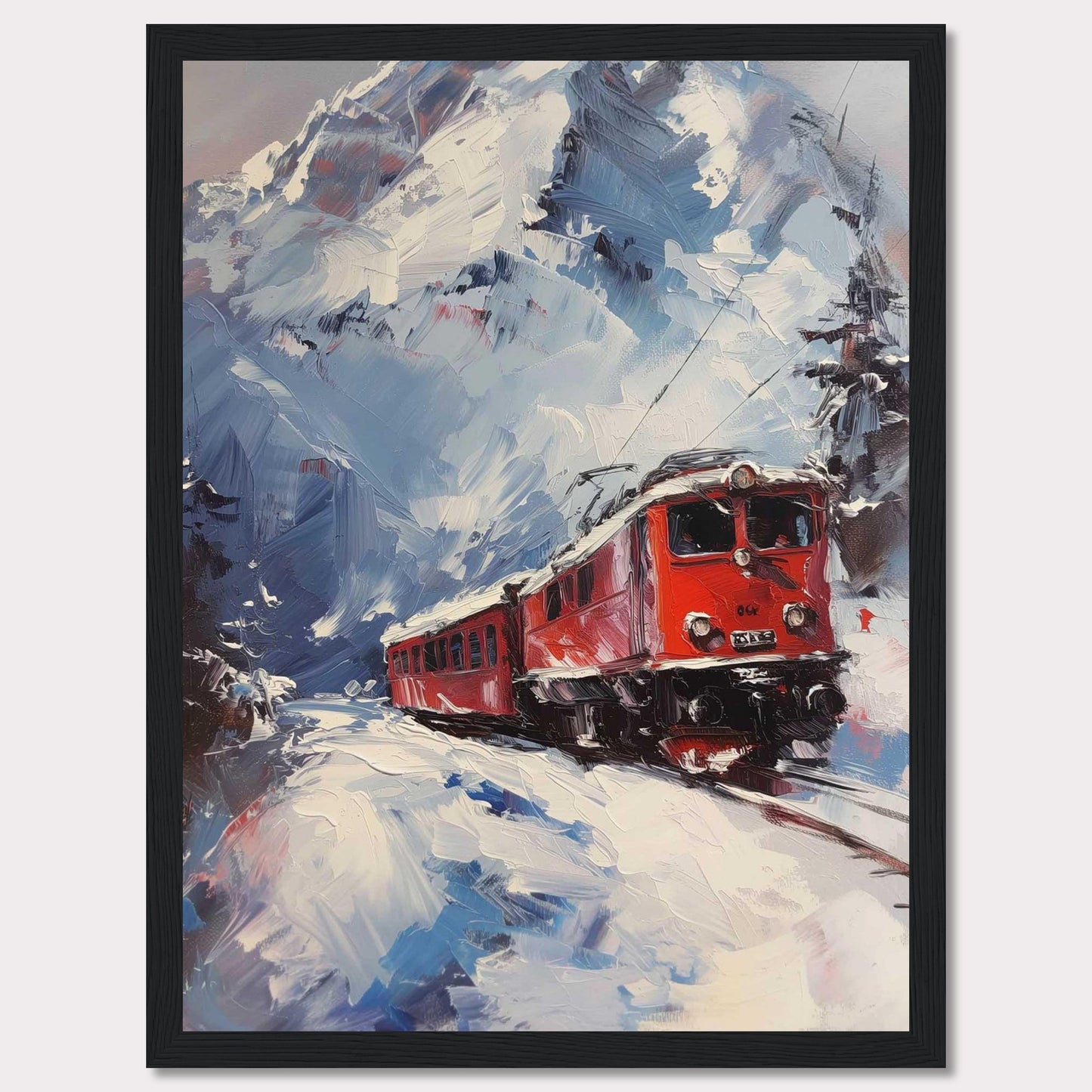 This stunning painting captures a vibrant red train journeying through a snowy mountain landscape. The dynamic brushstrokes convey the movement and energy of the scene, while the towering snow-covered peaks create a breathtaking backdrop.