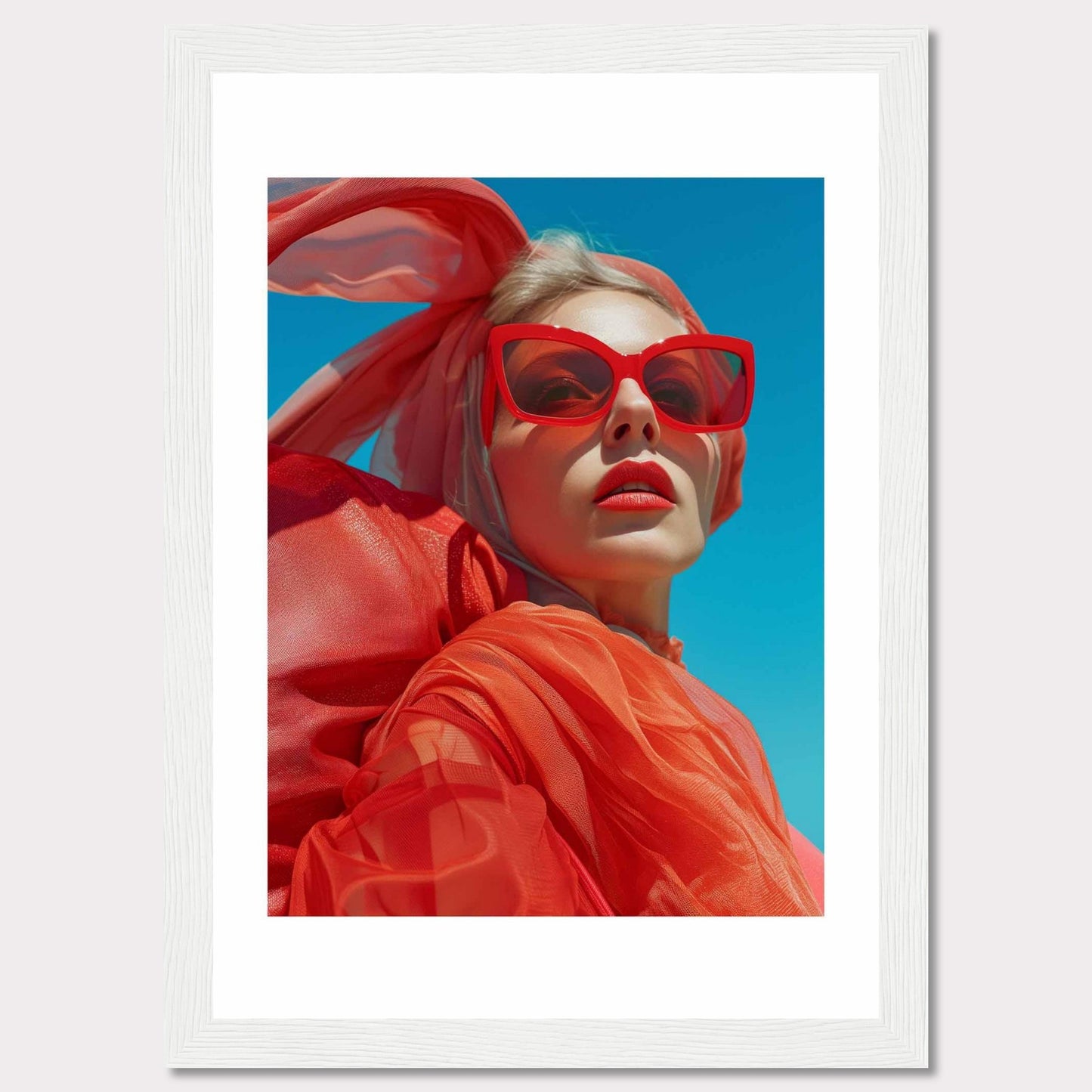 This striking photo features a confident woman wearing bold red sunglasses and a matching headscarf against a vibrant blue sky. The image is framed in a sleek black border, enhancing its modern aesthetic.