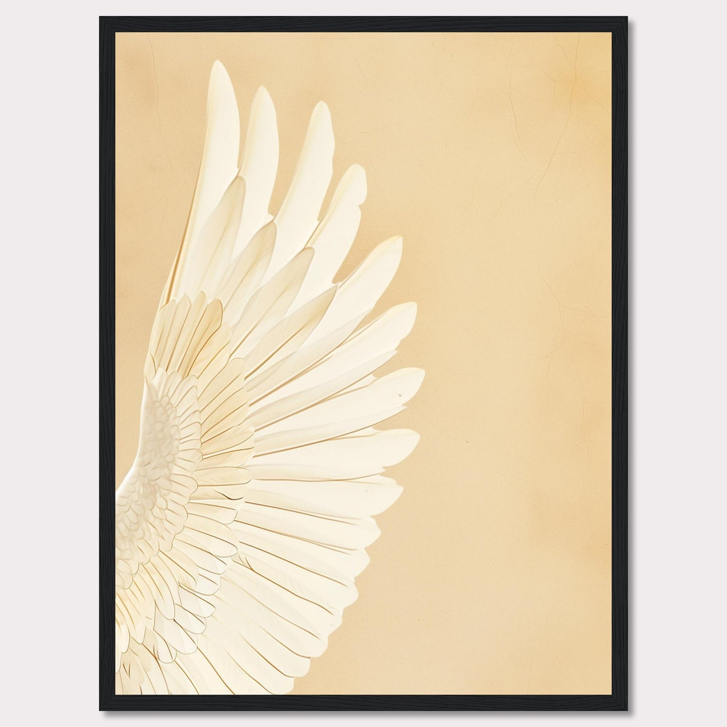 This elegant wall art features a detailed depiction of a white feathered wing against a soft beige background. The minimalist design and neutral tones make it a versatile piece for any room.