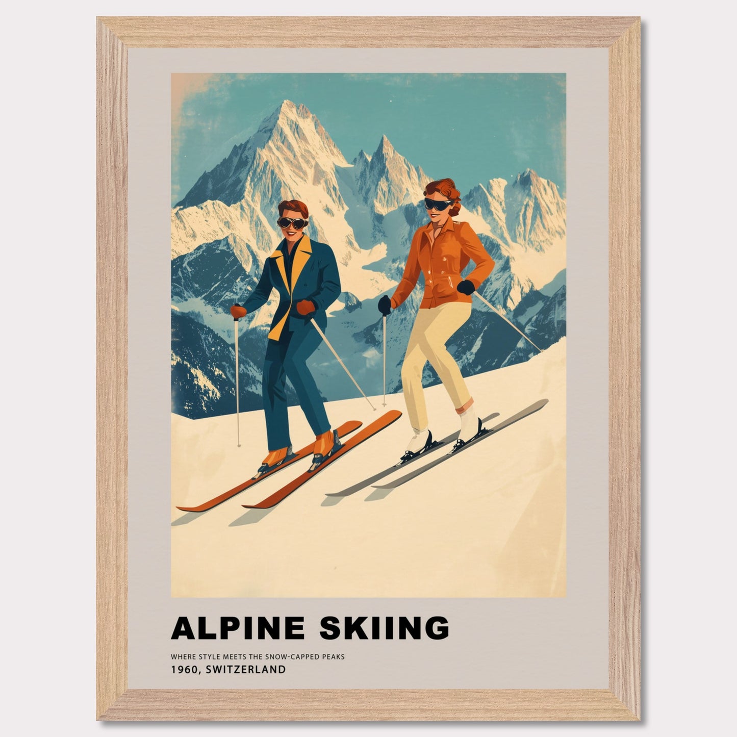 This stunning retro-style poster celebrates the elegance of alpine skiing in Switzerland. Two stylish skiers gracefully glide down the snowy slopes, set against the backdrop of majestic, sunlit peaks. The vintage color palette and mid-century design highlight the timeless charm and sophistication of the alpine experience, making it a celebration of both sport and scenery.