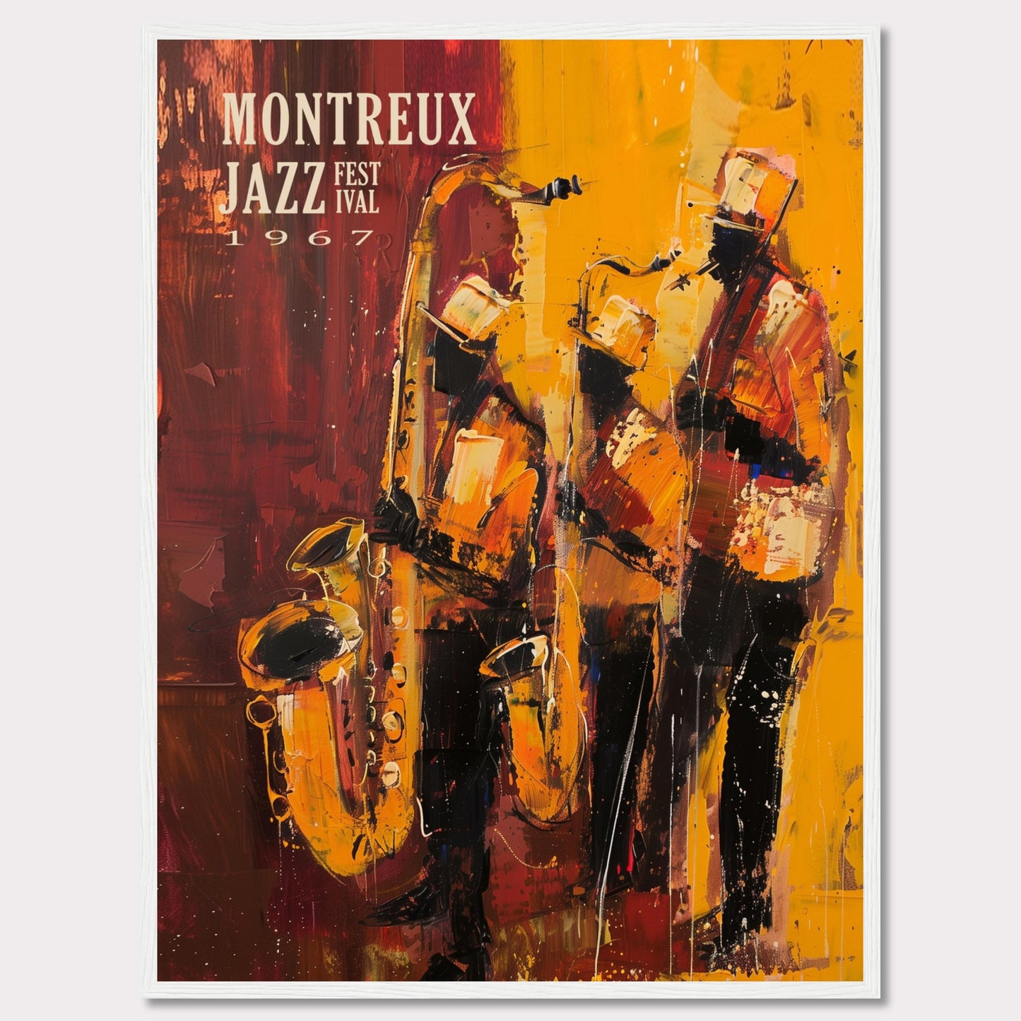 This vibrant art poster showcases the Montreux Jazz Festival from 1967. The artwork features an abstract depiction of three jazz musicians passionately playing their instruments, with rich hues of red, yellow, and orange capturing the dynamic energy of the performance.