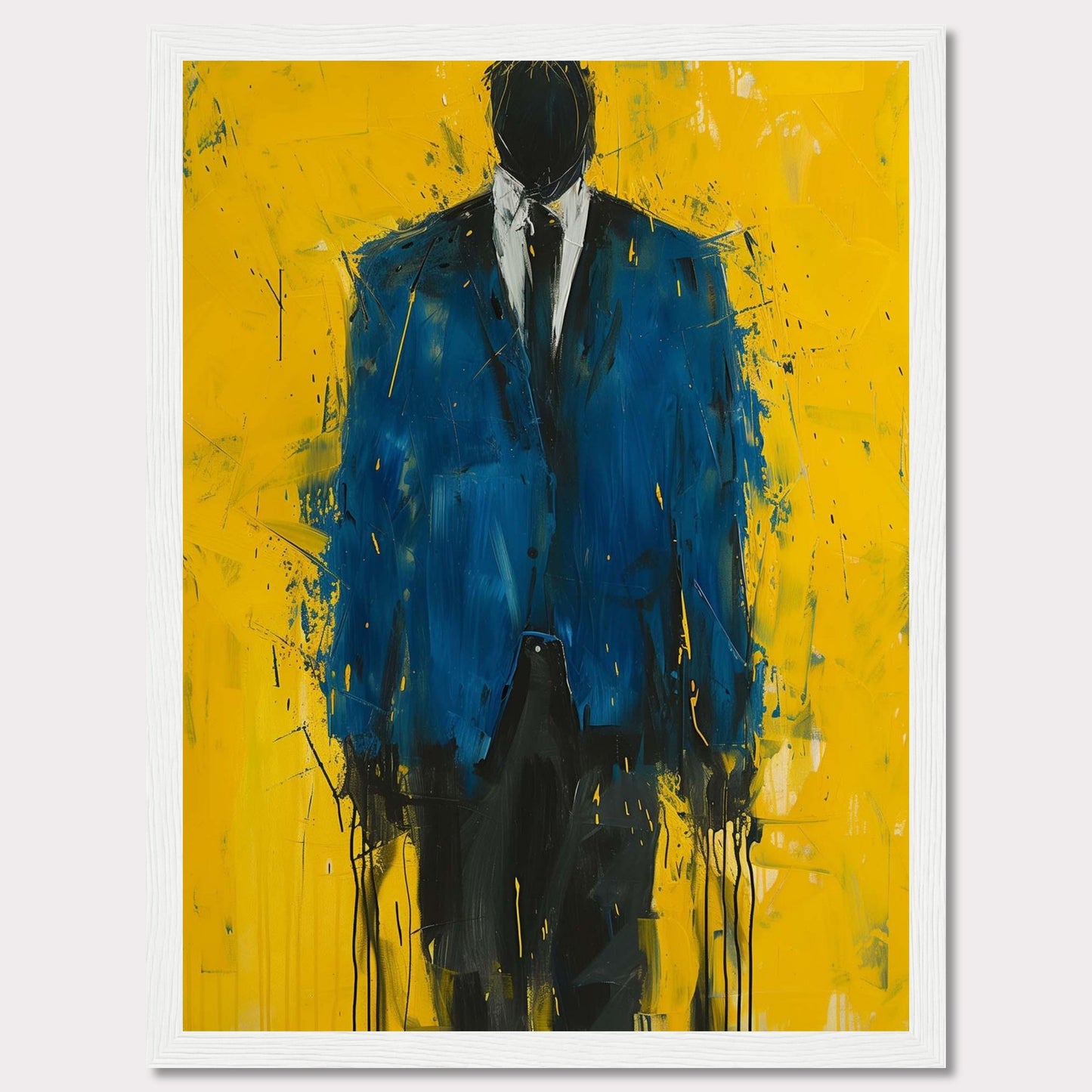 This striking painting features a faceless figure in a blue suit against a vibrant yellow background. The abstract style and bold colors create a powerful visual impact.