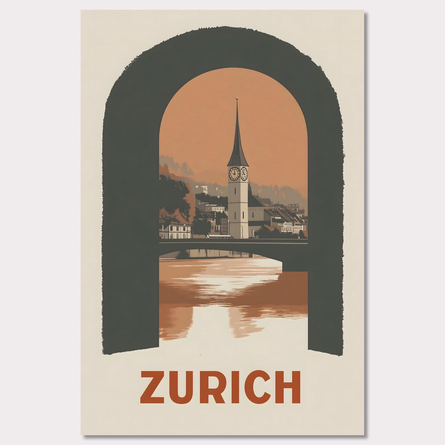 A sophisticated poster featuring Zurich’s historic clock tower, framed through an arched window. The blend of soft tones and bold composition creates a striking visual balance.