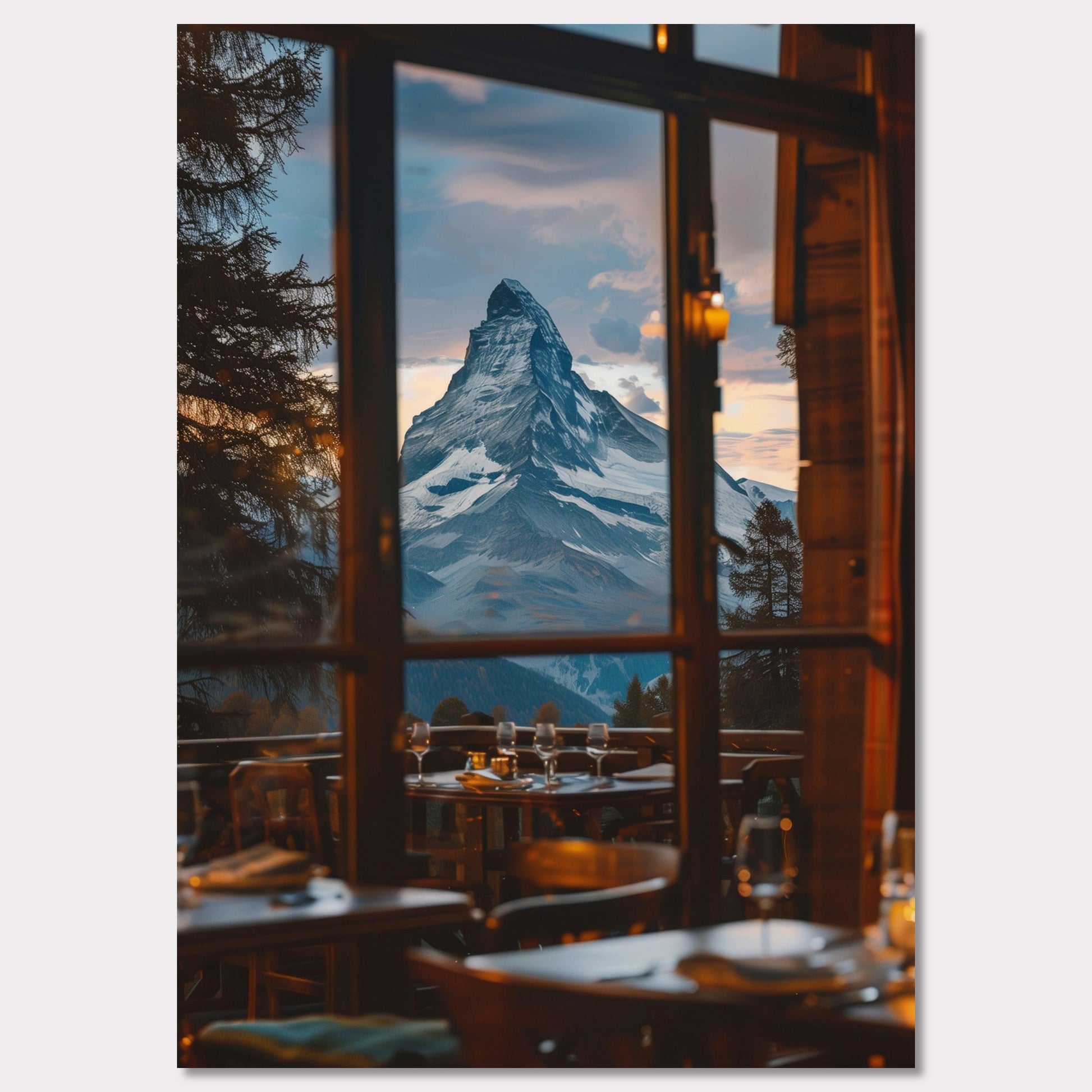 Experience the breathtaking view of a majestic mountain peak through the windows of a cozy restaurant. The scene captures the tranquility and grandeur of nature, inviting you to unwind and savor the moment.