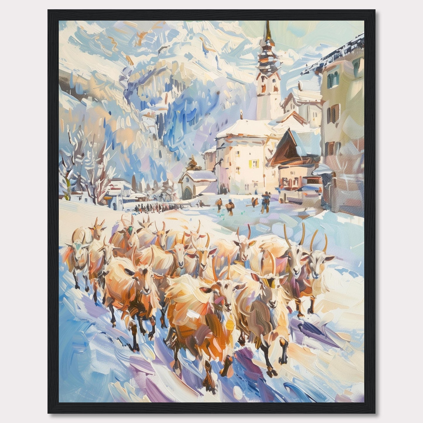 This captivating painting depicts a serene winter village scene with a herd of sheep being guided through the snow-covered streets. The backdrop features majestic snow-capped mountains and charming alpine architecture, including a prominent church steeple.