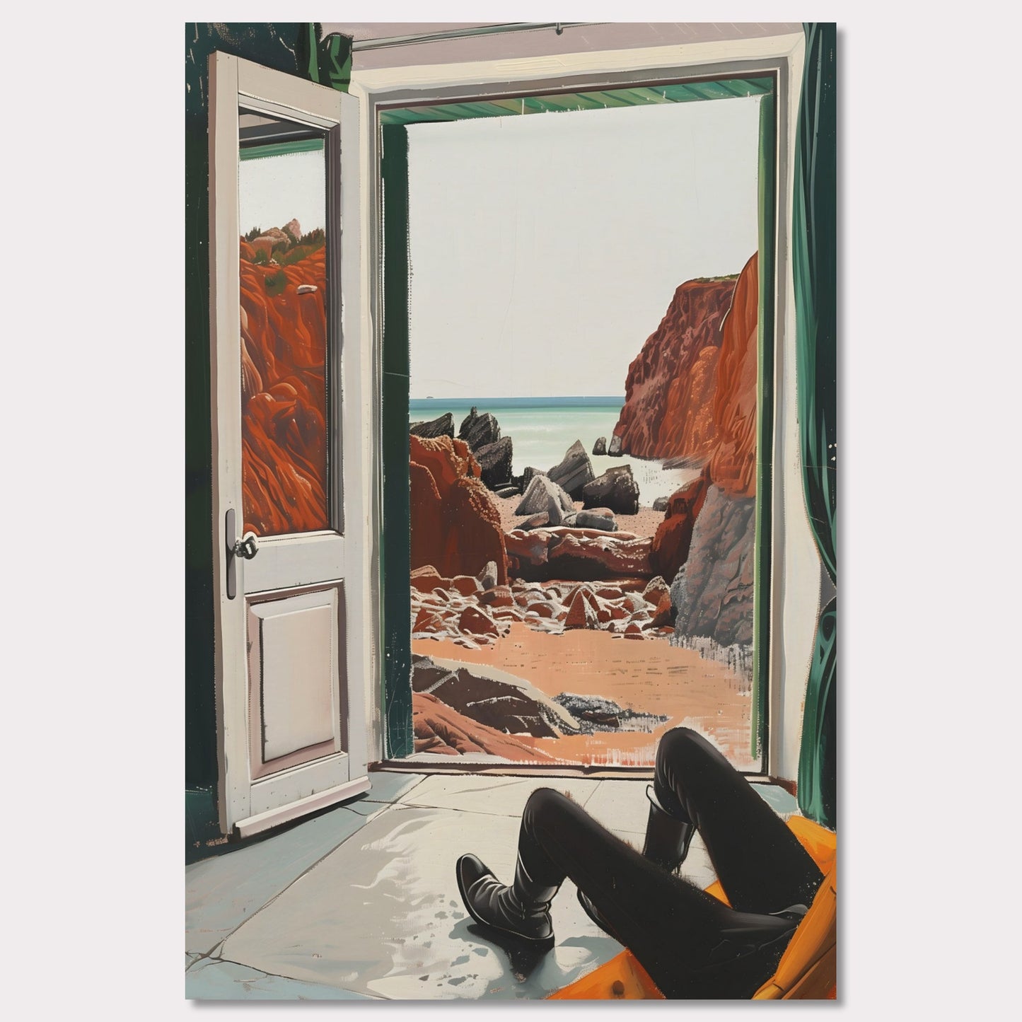 This image captures a serene view of a rocky beach through an open door. The scene is framed by the interior of a room where a person is seated, legs stretched out, possibly relaxing and enjoying the view.