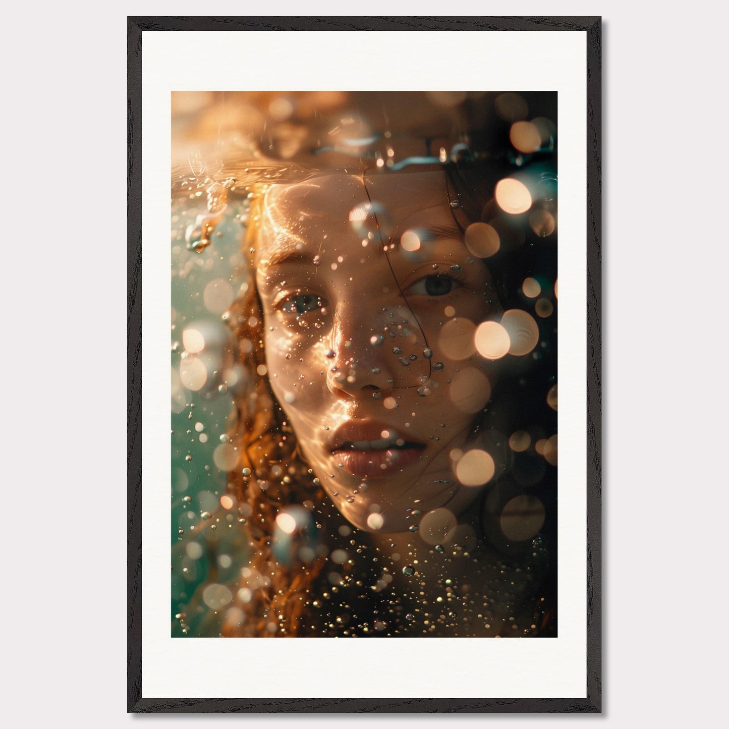 A close-up, artistic photograph of a person's face submerged in water, with light reflections and bokeh effects creating an ethereal atmosphere.

This poster would fit well in modern living rooms, art studios, bedrooms, or any space that appreciates contemporary and artistic photography.