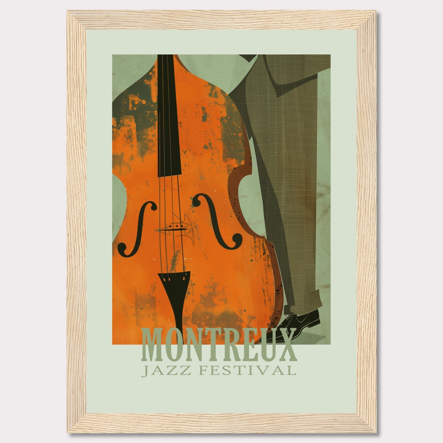 This image is a poster for the Montreux Jazz Festival. It features an abstract illustration of a double bass and a person in a suit.