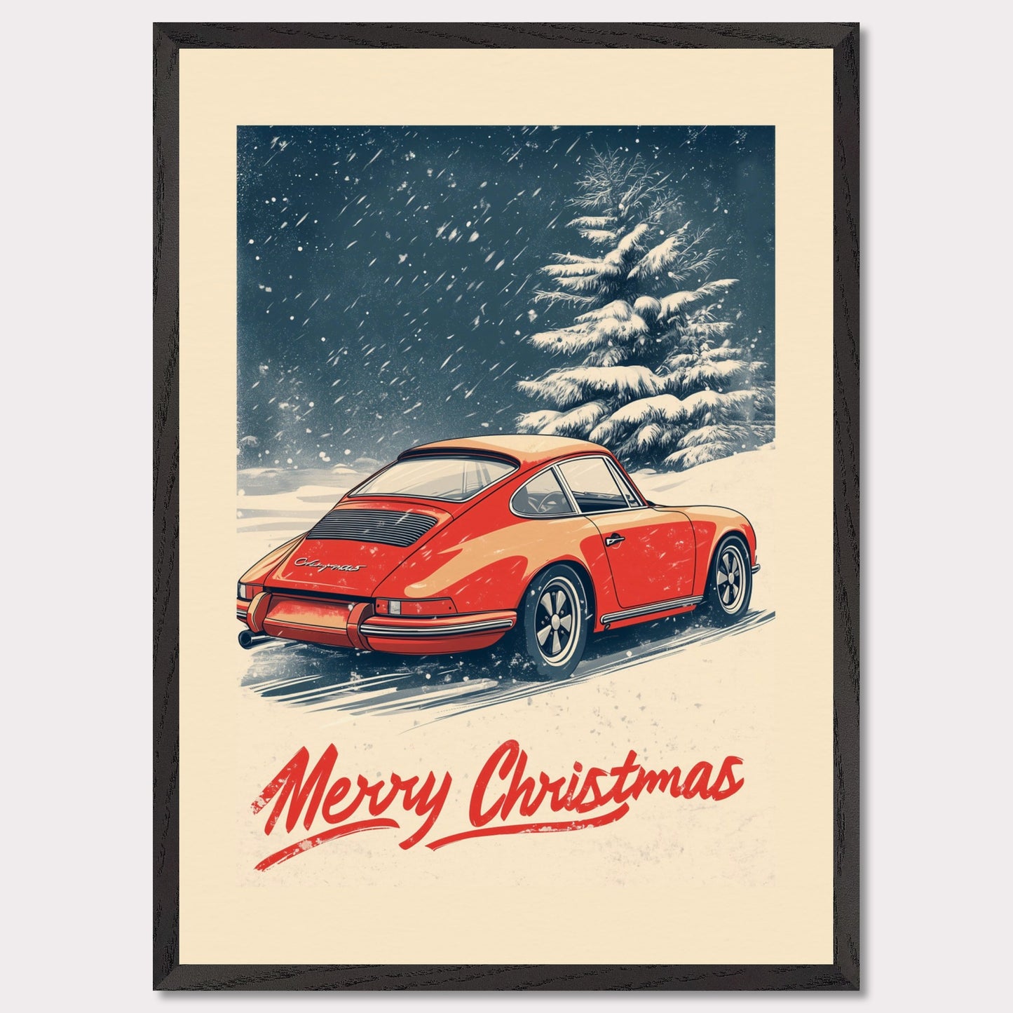 This nostalgic holiday poster features a striking red Porsche driving through a snow-covered landscape, with festive snowflakes gently falling around the scene. A snowy tree and soft winter hues create a cozy and festive atmosphere. The bold "Merry Christmas" typography adds an extra touch of holiday cheer, making it a perfect way to celebrate the season with a classic car enthusiast's touch.