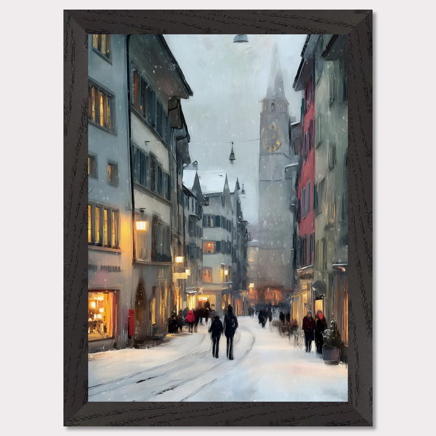 Snow falls gently between old town facades as people wander through glowing windows and quiet alleys. Time seems to slow. This image is a winter stroll, an ode to dusk, city calm, and warmth within.