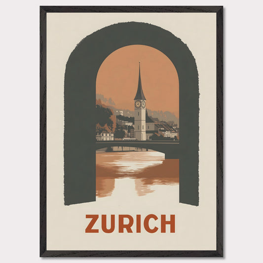 A sophisticated poster featuring Zurich’s historic clock tower, framed through an arched window. The blend of soft tones and bold composition creates a striking visual balance.