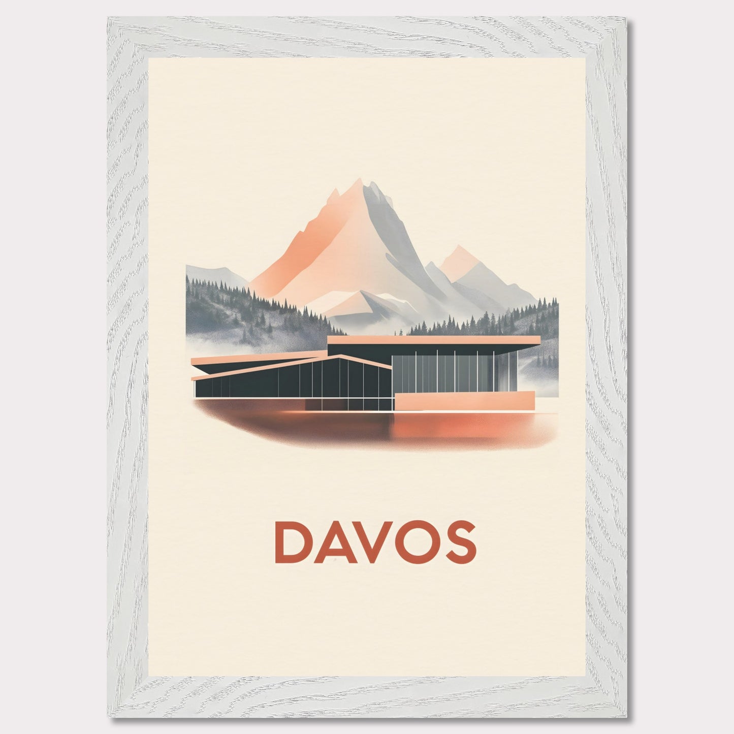 A refined travel poster showcasing Davos' modern architecture against breathtaking alpine peaks. The sleek lines of the building contrast harmoniously with the rugged mountains, embodying the balance between innovation and nature.