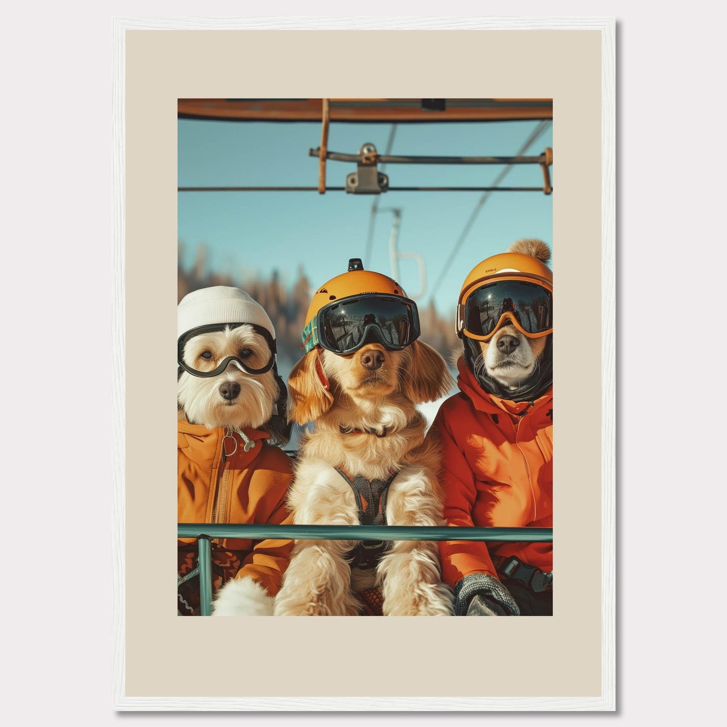 This charming photo features three adorable dogs dressed in winter gear, complete with helmets and goggles, enjoying a ride on a ski lift. The bright blue sky and snowy background add to the fun and adventurous atmosphere.