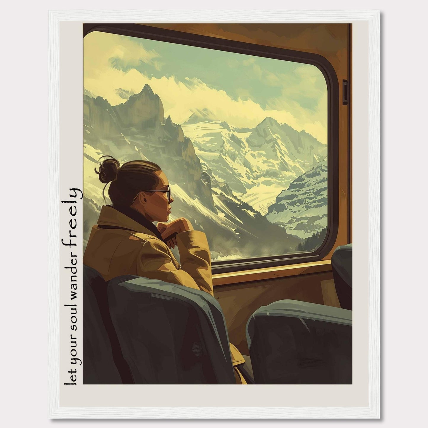 ca29aa2e-4063-4c2b-81e2-7083e2fae753This image depicts a serene moment of a woman gazing out of a train window at a breathtaking mountain landscape. The scene is framed with the text "Let your soul wander freely" on the left side.