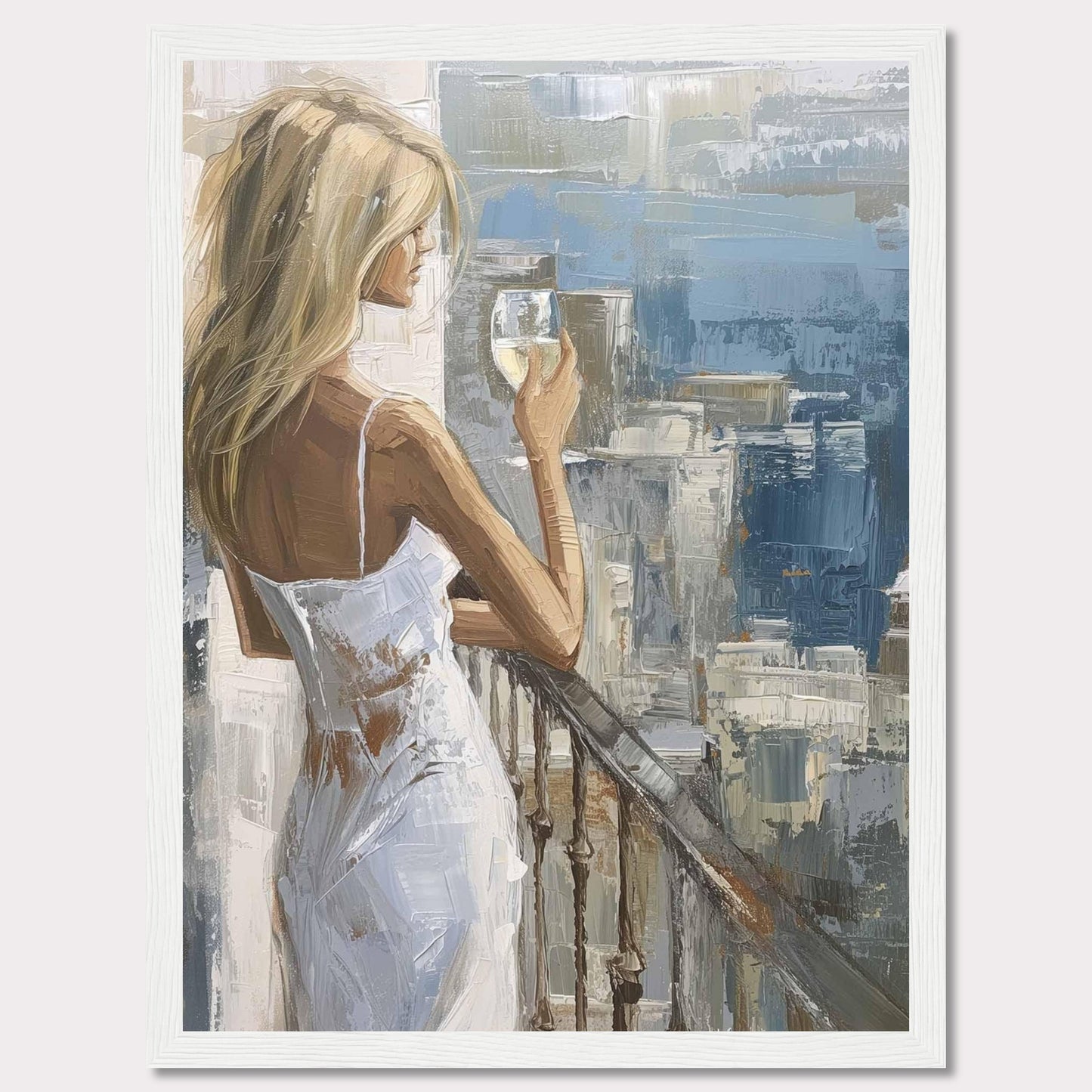 This painting depicts a serene moment where a woman, dressed in a white dress, stands on a balcony holding a glass of wine. The background features an impressionistic cityscape with various shades of blue and gray.