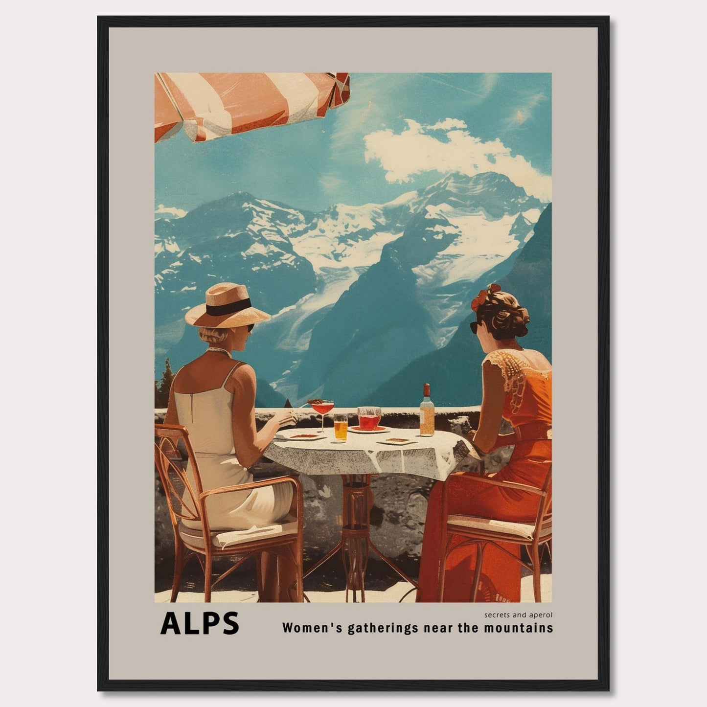 A beautiful vintage-style poster depicting two women enjoying a drink at a table with a stunning view of the Alps mountains in the background.