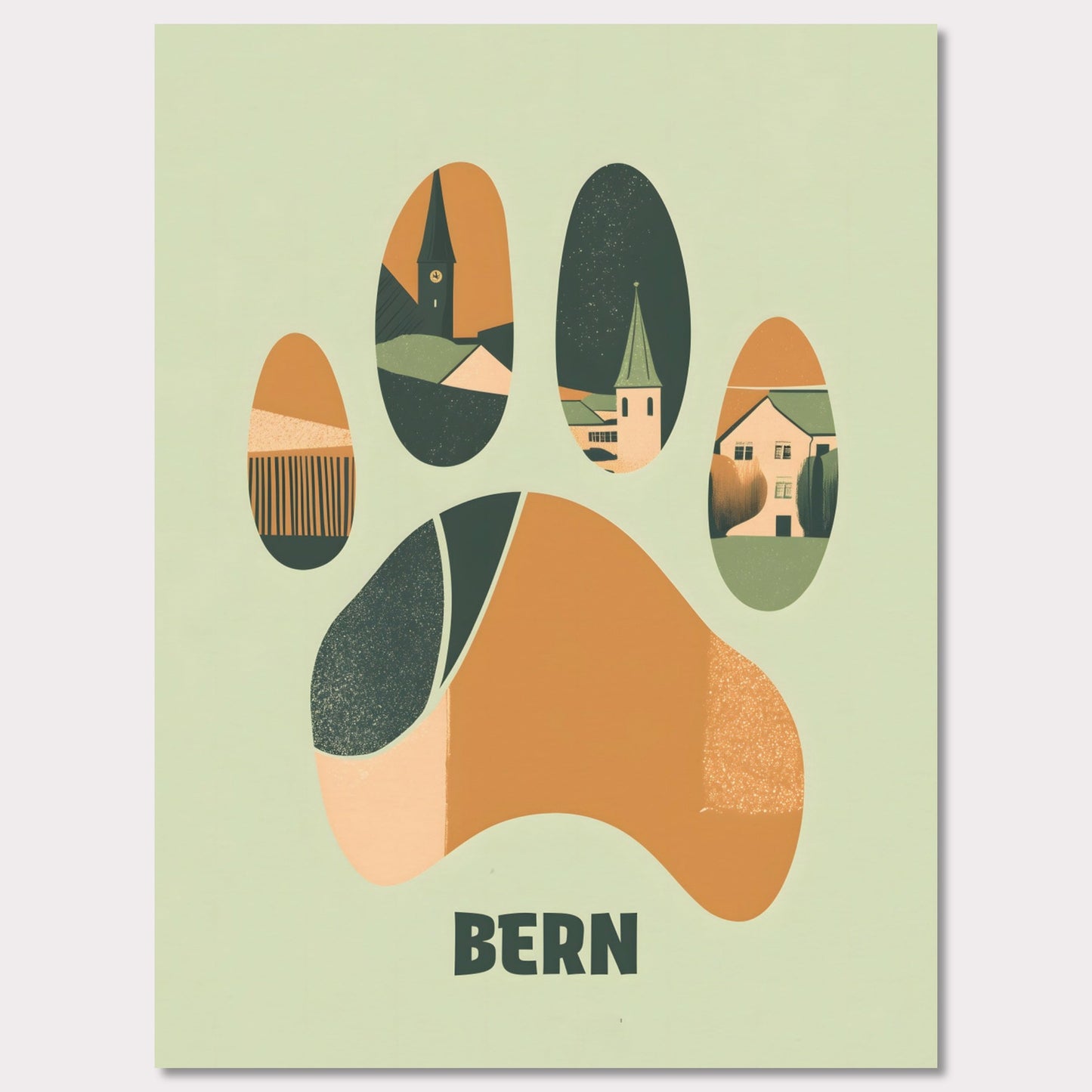 This unique poster blends the charm of Bern’s architecture with the city’s symbolic bear in an abstract, paw-print design. The warm earth tones and clean lines create a harmonious balance between modern minimalism and historical elements.