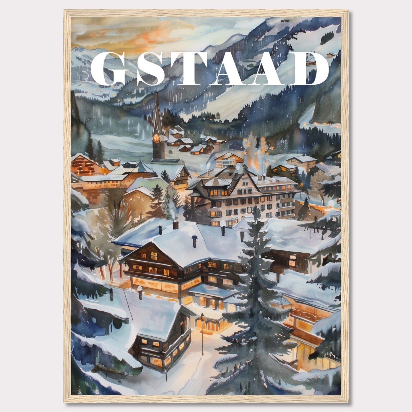 This image showcases a beautiful winter scene of Gstaad, a picturesque village nestled in the Swiss Alps. The painting captures the charm of snow-covered chalets, pine trees, and a serene mountainous backdrop under a soft evening sky.