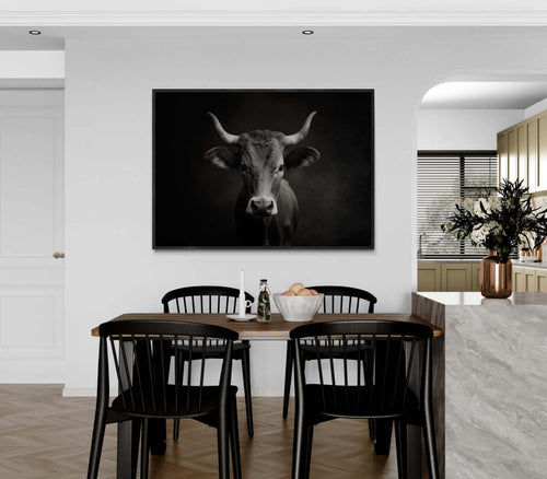 The charisma of a cow - Alu-Dibond wall art displayed in a modern kitchen dining area.