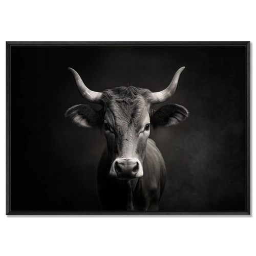 The charisma of a cow - Alu-Dibond wall art showcases a mountain cow's calm charisma in soft light and deep contrast.
