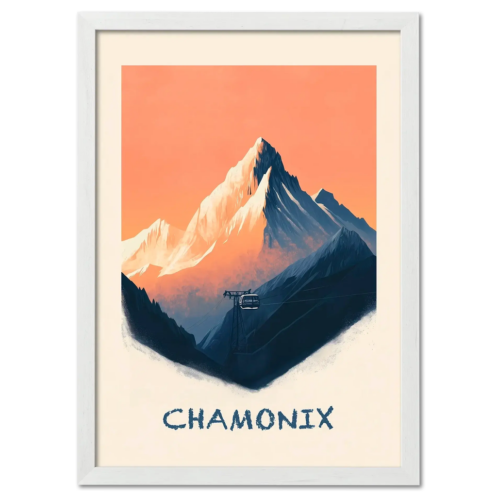 Morning in Chamonix - Poster featuring snowy peaks, warm sunrise colors, and a cable car.