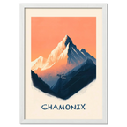 Morning in Chamonix - Poster featuring snowy peaks, warm sunrise colors, and a cable car.