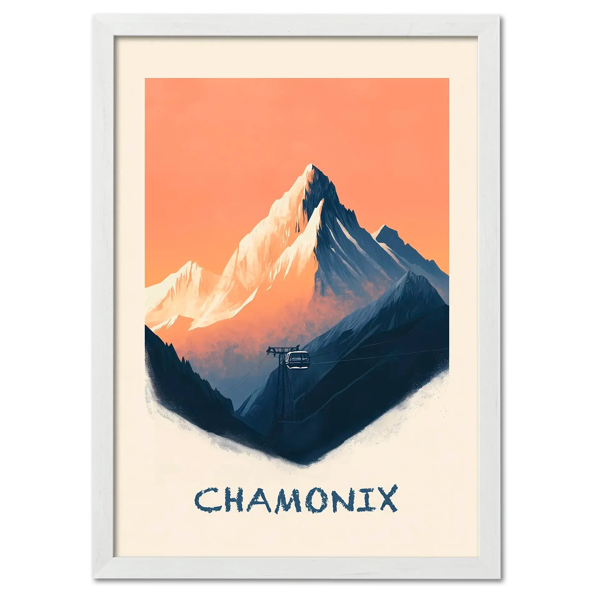Morning in Chamonix - Poster featuring snowy peaks, warm sunrise colors, and a cable car.