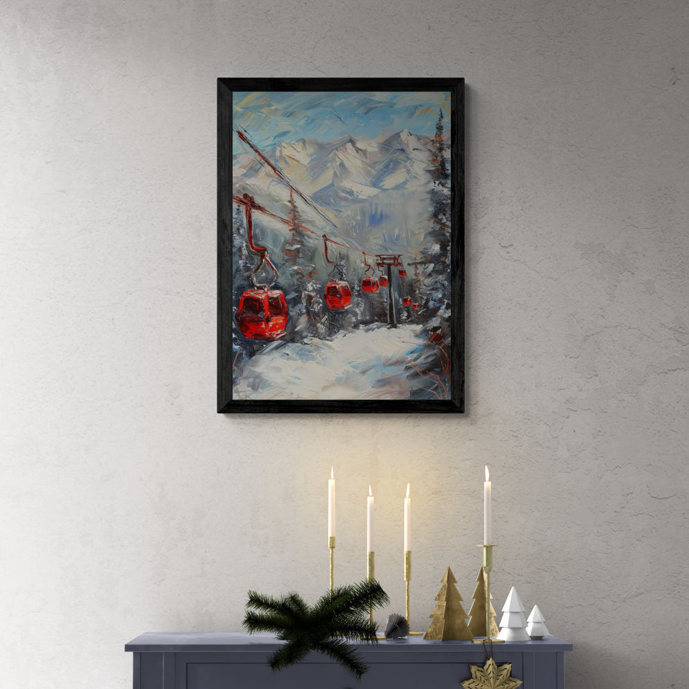 Caravan to the mountains - Poster featuring red gondolas in a snowy alpine scene, perfect wall art for modern interiors.