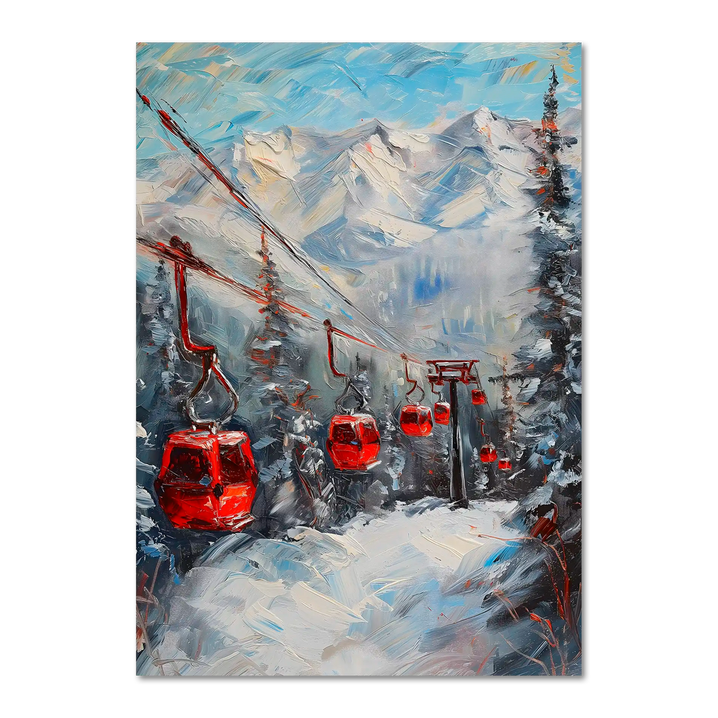 Caravan to the mountains - Poster featuring red gondolas in a snowy alpine forest with bold mountain backdrop.