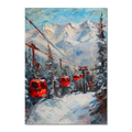 Caravan to the mountains - Poster featuring red gondolas in a snowy alpine forest with bold mountain backdrop.