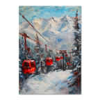 Caravan to the mountains - Poster featuring red gondolas in a snowy alpine forest with bold mountain backdrop.