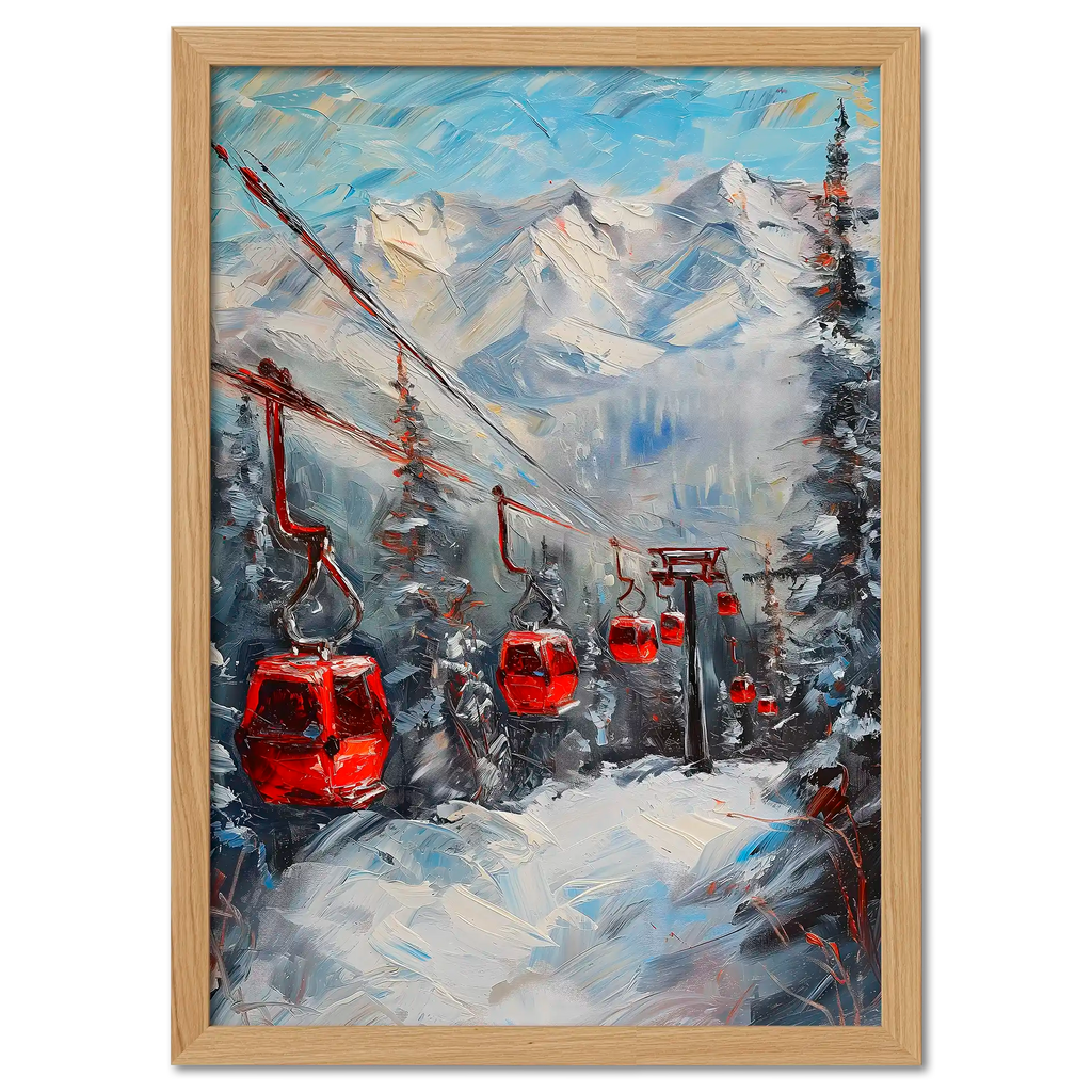 Caravan to the mountains - Poster featuring red gondolas in a snowy alpine forest with vibrant colors.