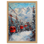 Caravan to the mountains - Poster featuring red gondolas in a snowy alpine forest with vibrant colors.