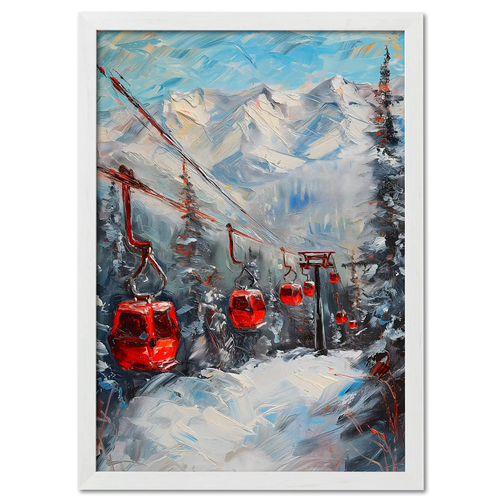 Caravan to the mountains - Poster featuring red gondolas in a snowy alpine forest with bold mountains in the background.