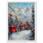 Caravan to the mountains - Poster featuring red gondolas in a snowy alpine forest with bold mountains in the background.