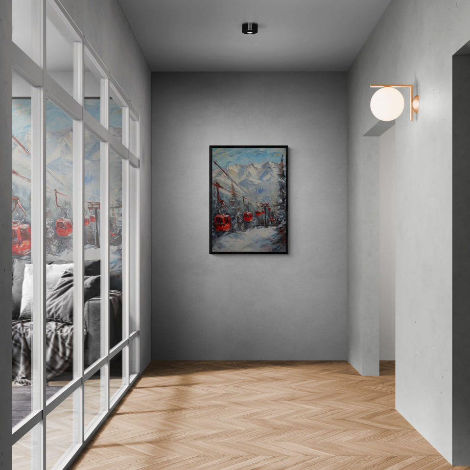 Caravan to the mountains - Poster displayed in a modern hallway, enhancing the space with vibrant wall art.