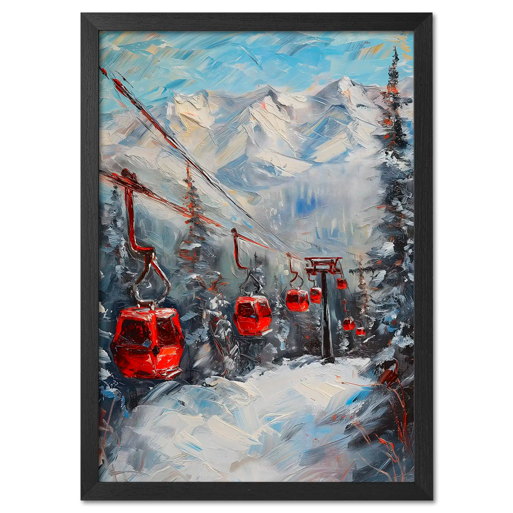 Caravan to the mountains - Poster showcasing red gondolas in a snowy alpine forest with textured mountains.