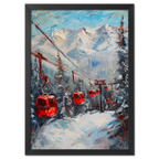 Caravan to the mountains - Poster showcasing red gondolas in a snowy alpine forest with textured mountains.