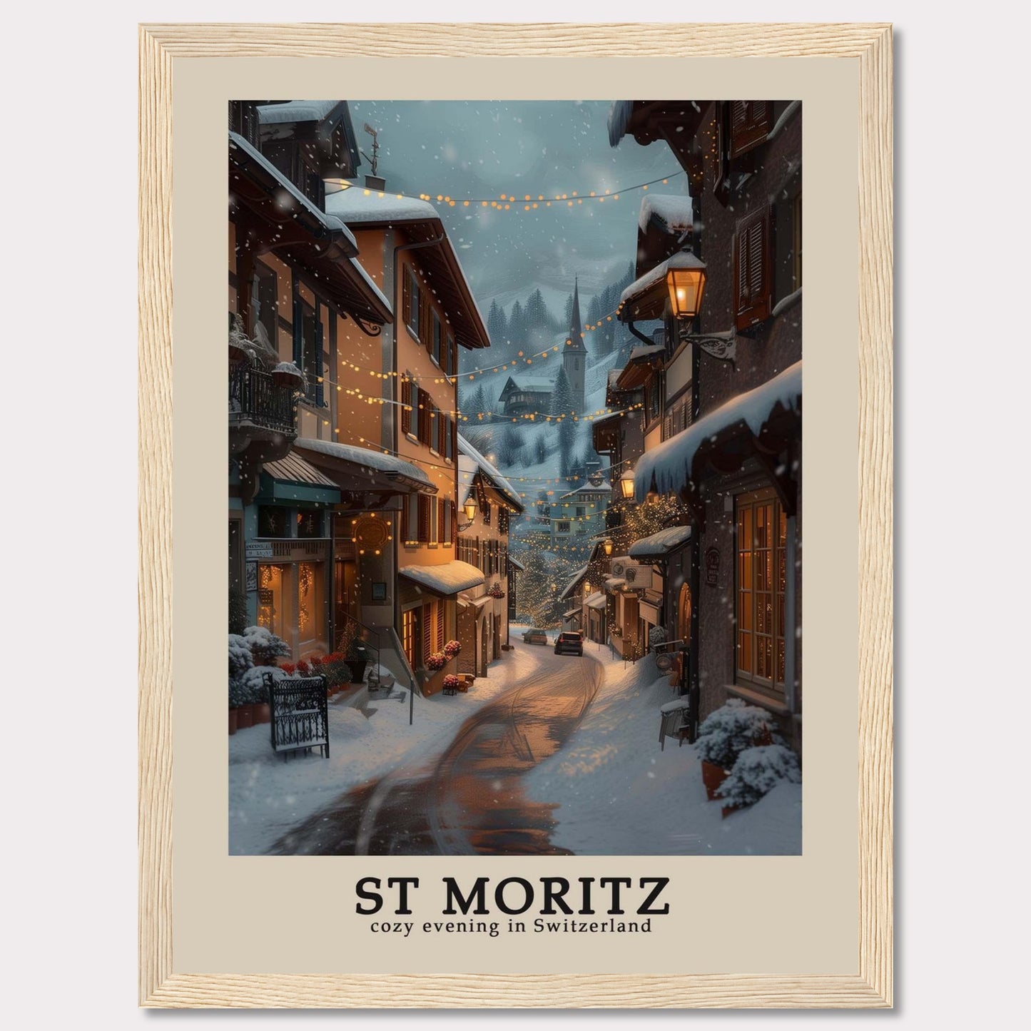 This photo showcases a charming winter evening in St. Moritz, Switzerland. The scene features snow-covered streets adorned with warm, glowing lights, quaint buildings with festive decorations, and a serene, picturesque ambiance.