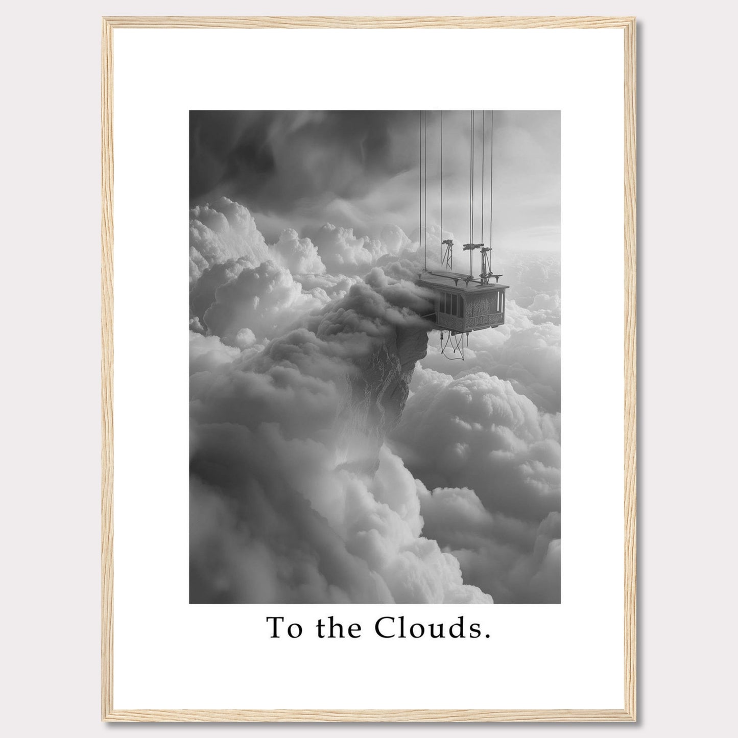 This captivating black and white artwork features a surreal scene of a house suspended high above the clouds, connected by cables. The image evokes a sense of wonder and adventure.