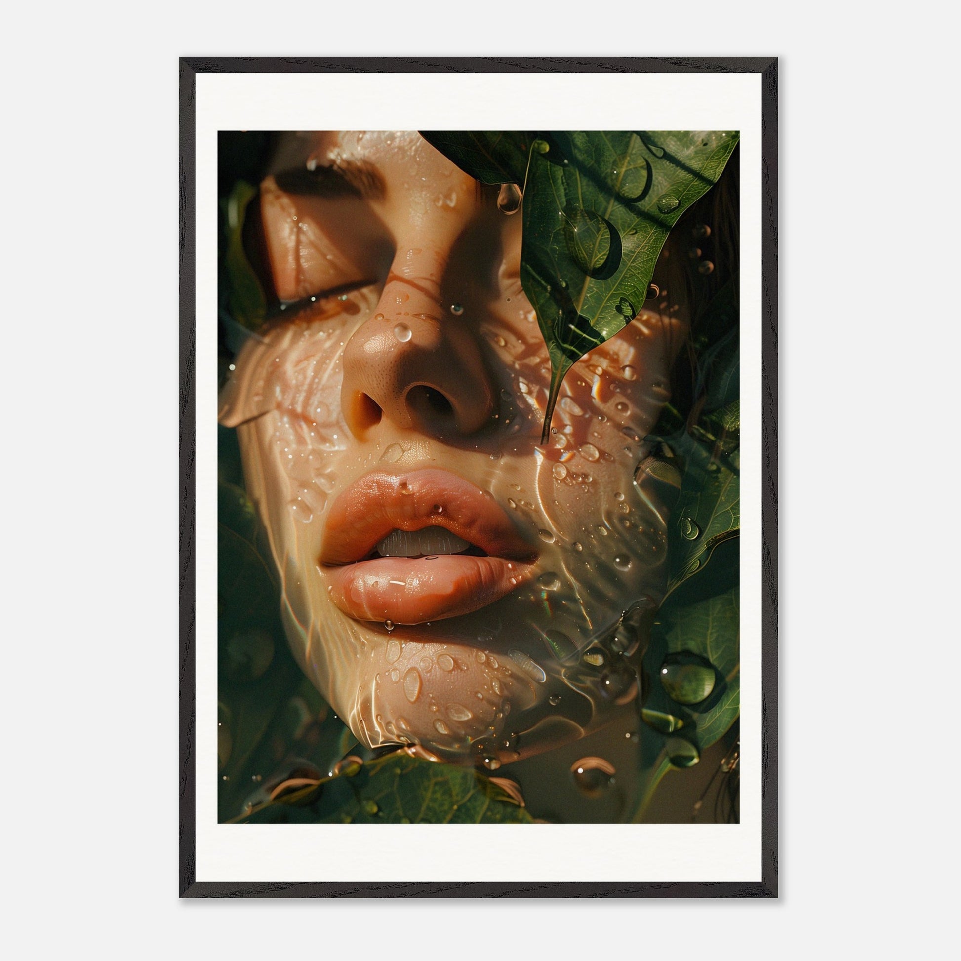 This is an artistic illustration depicting a close-up of a woman's face partially covered by leaves and water droplets.

This poster would fit well in a modern living room, bedroom, or office space, adding a touch of nature and surreal beauty to the decor.